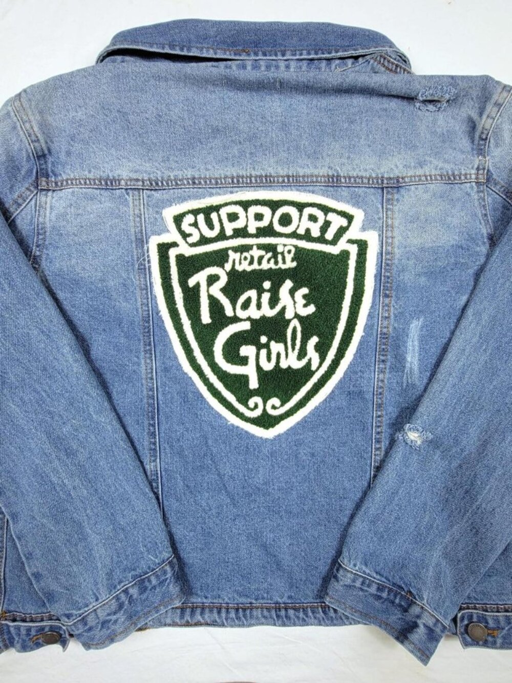 Judith March Womens Denim Jacket W/ Pockets chenille Patch "Support RetailV